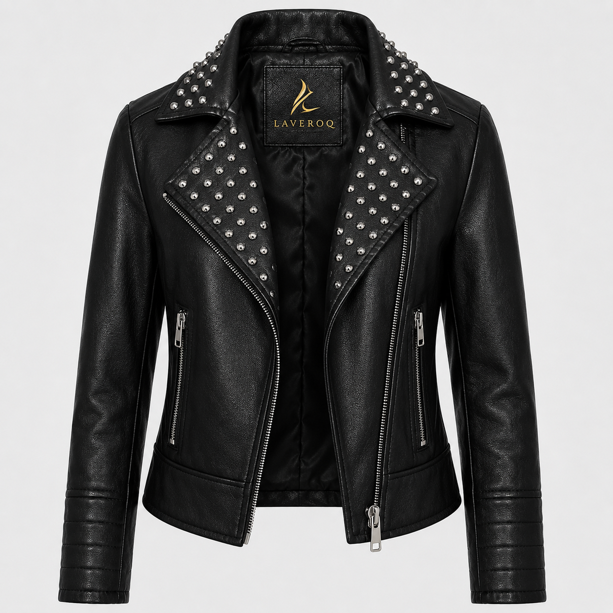 Laveroq Women’s Studded Black Leather Biker Jacket – Edgy Zip Front Style