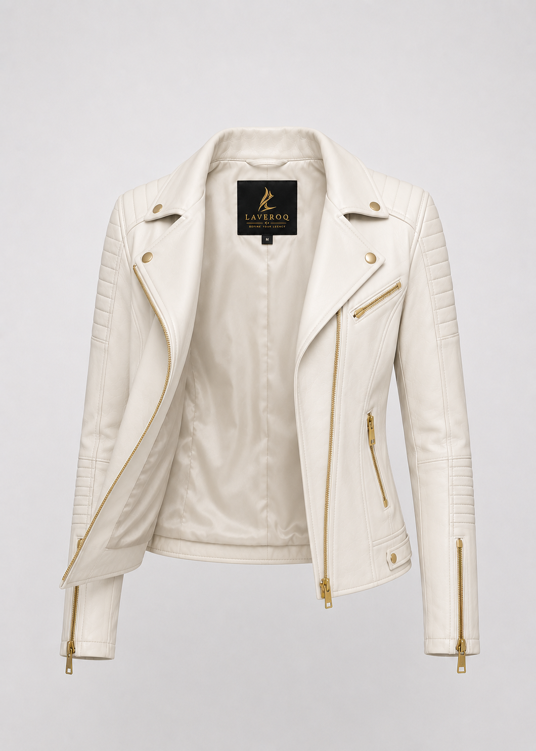 Women’s Premium Genuine Leather Biker Jacket – Luxury White Quilted Moto Jacket with Gold Zippers