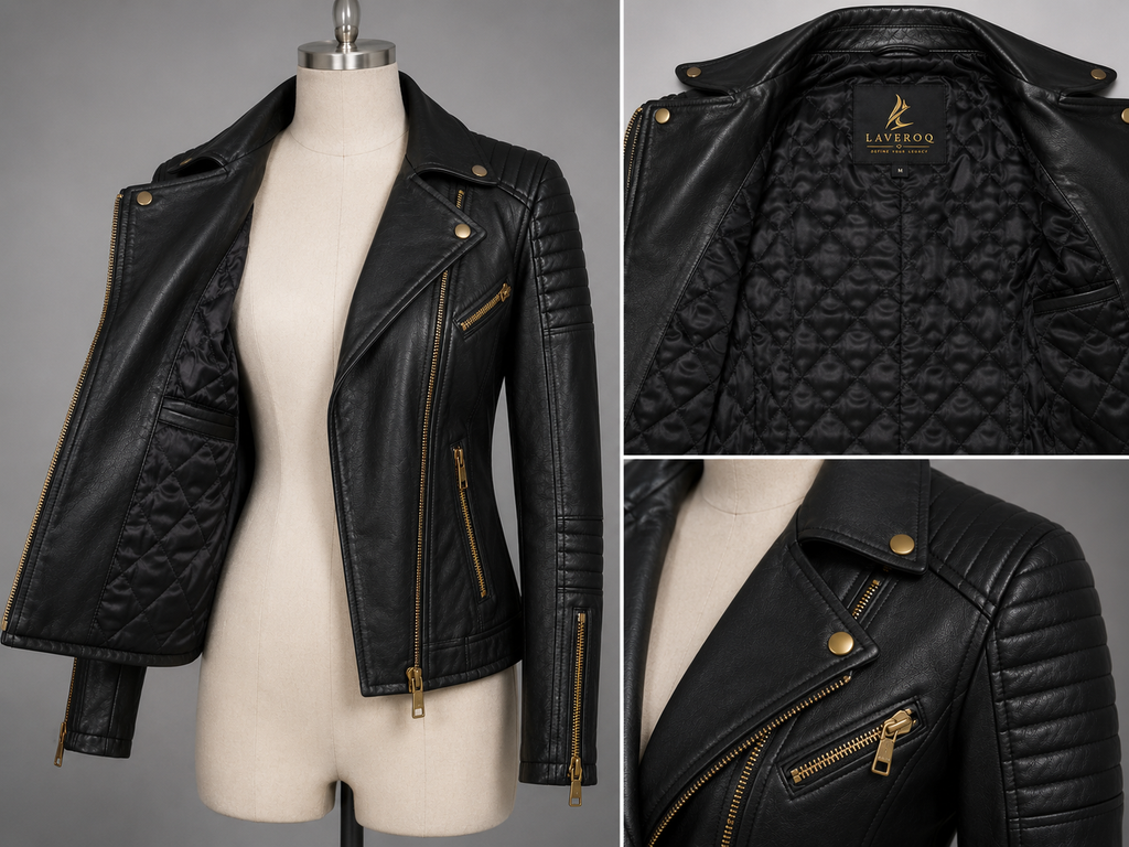 Laveroq Women’s Quilted Leather Biker Jacket