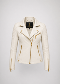 Women’s Premium Genuine Leather Biker Jacket – Luxury White Quilted Moto Jacket with Gold Zippers
