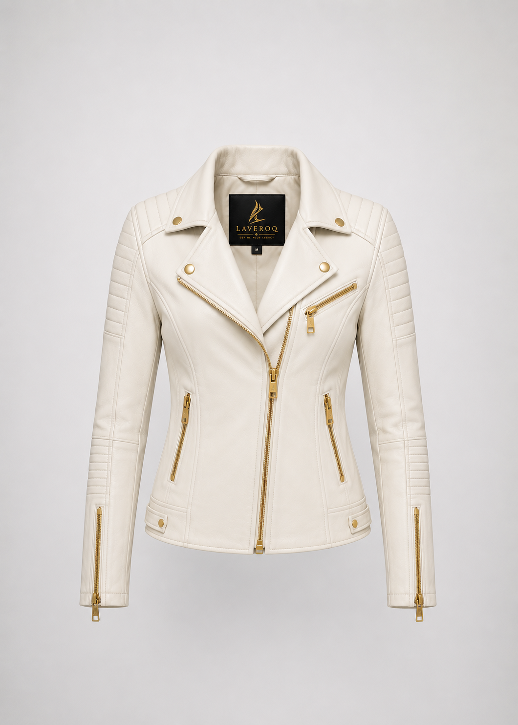 Women’s Premium Genuine Leather Biker Jacket – Luxury White Quilted Moto Jacket with Gold Zippers