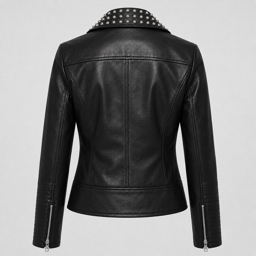 Laveroq Women’s Studded Black Leather Biker Jacket – Edgy Zip Front Style