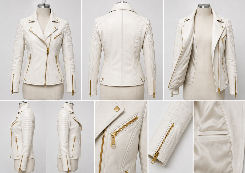 Women’s Premium Genuine Leather Biker Jacket – Luxury White Quilted Moto Jacket with Gold Zippers
