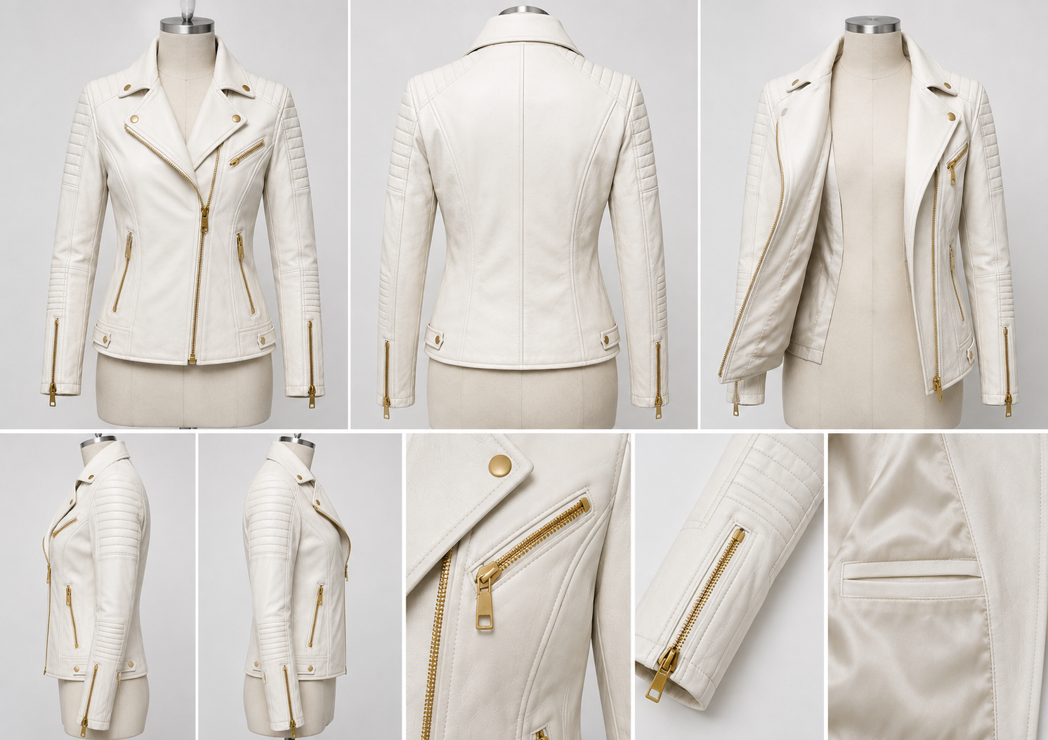 Women’s Premium Genuine Leather Biker Jacket – Luxury White Quilted Moto Jacket with Gold Zippers