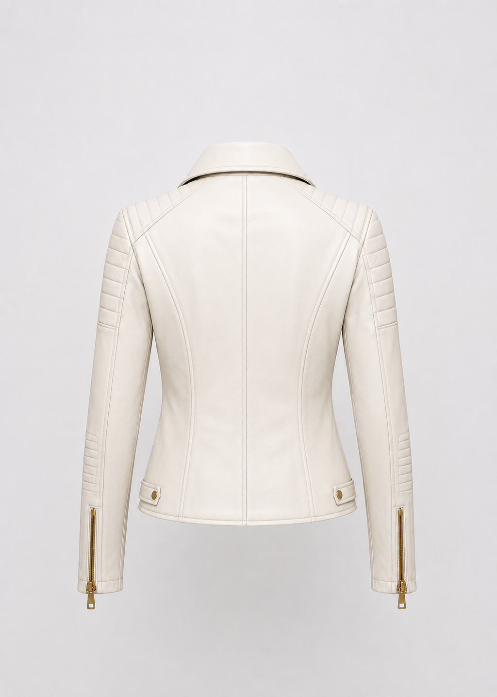 Women’s Premium Genuine Leather Biker Jacket – Luxury White Quilted Moto Jacket with Gold Zippers