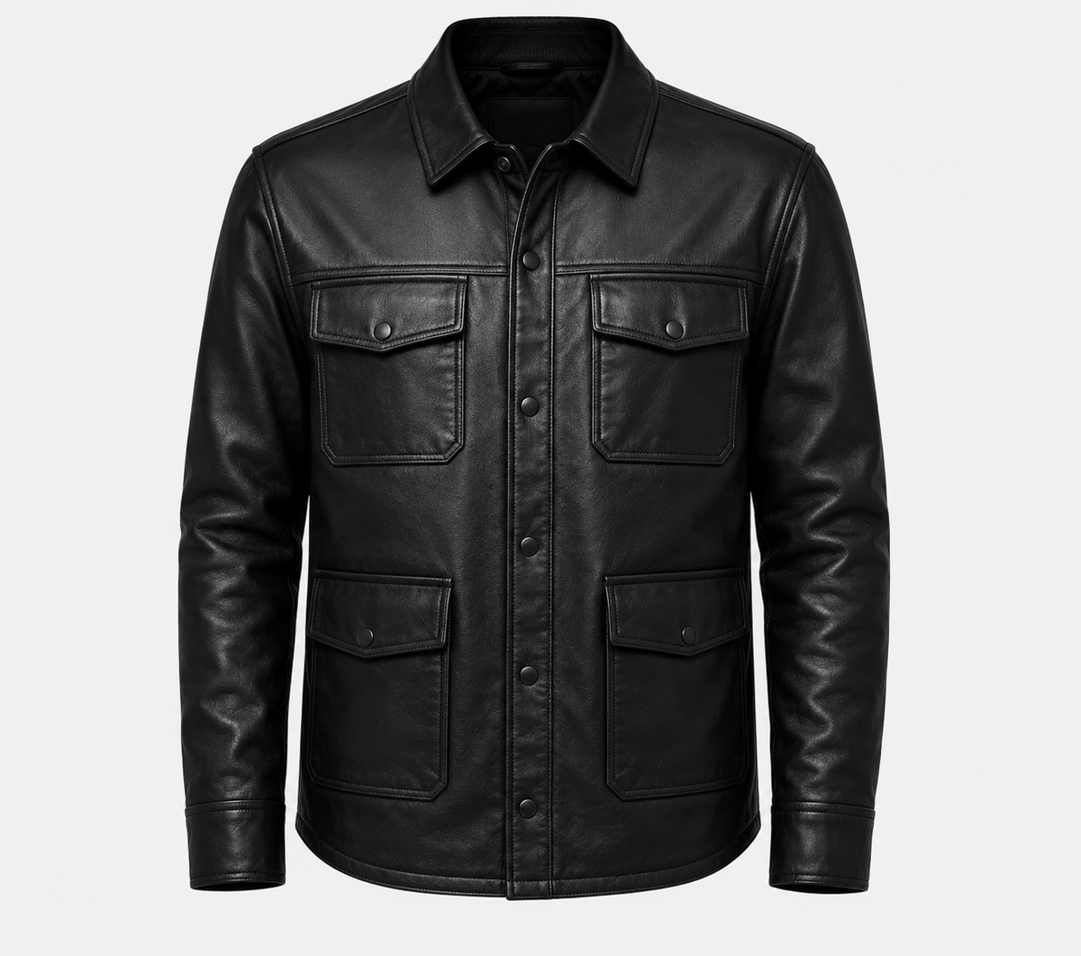 Men’s Black Genuine Leather Shirt Jacket with Utility Pockets