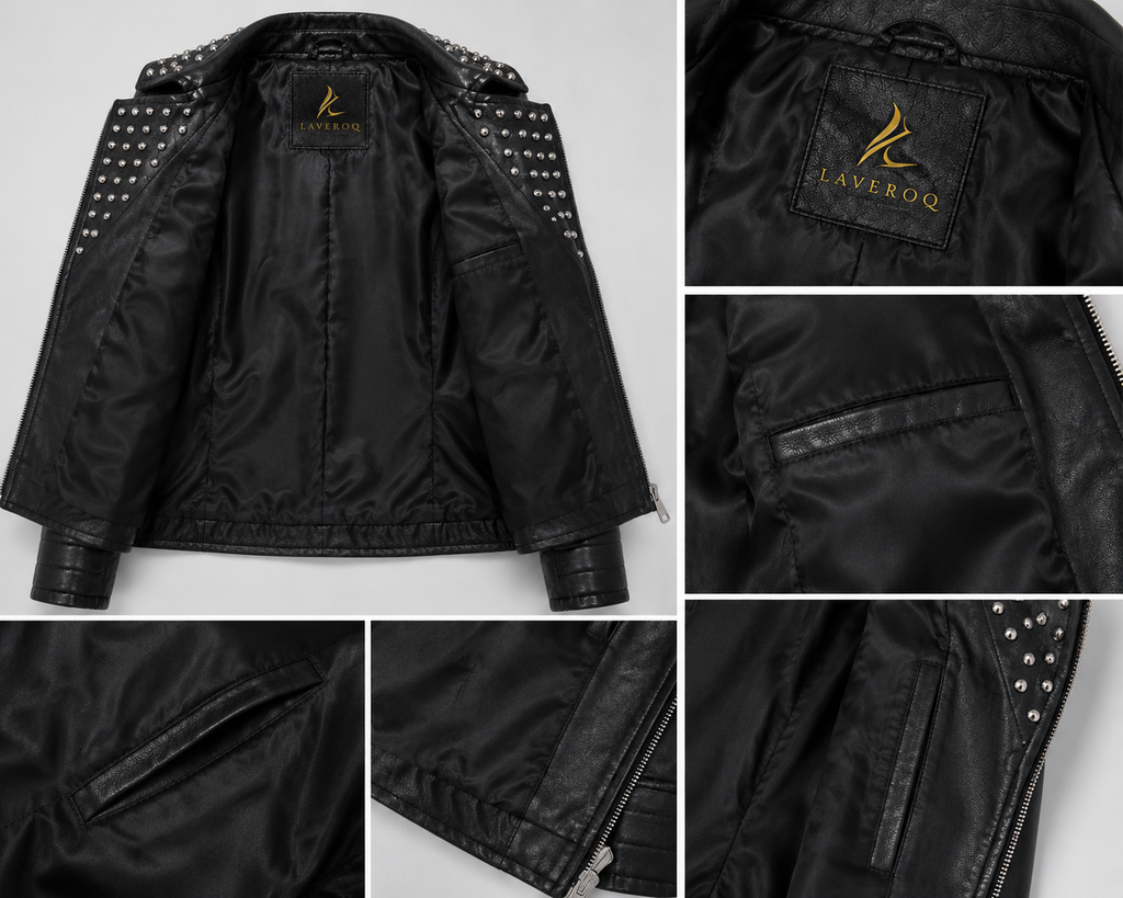 Laveroq Women’s Studded Black Leather Biker Jacket – Edgy Zip Front Style