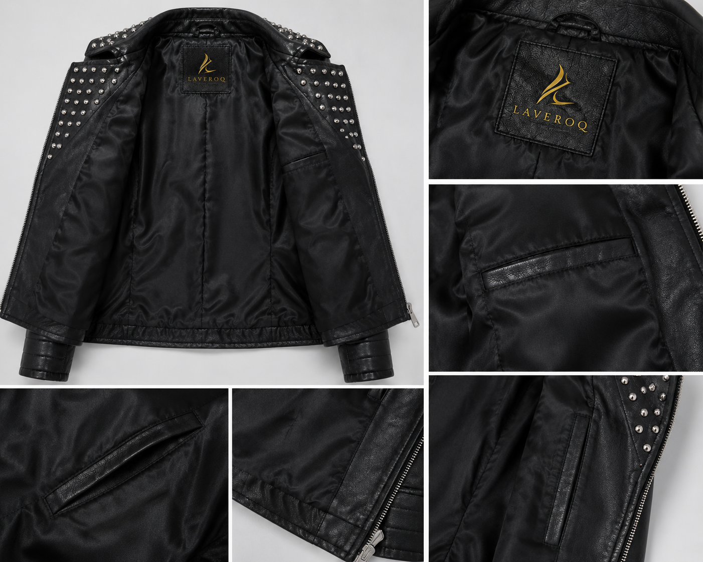 Laveroq Women’s Studded Black Leather Biker Jacket – Edgy Zip Front Style