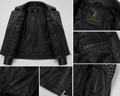 Laveroq Women’s Studded Black Leather Biker Jacket – Edgy Zip Front Style