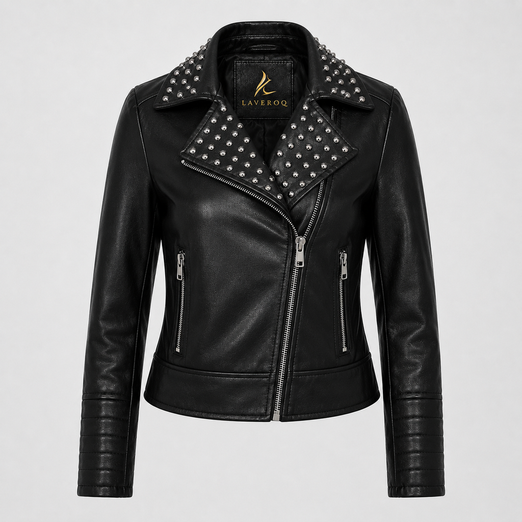 Laveroq Women’s Studded Black Leather Biker Jacket – Edgy Zip Front Style