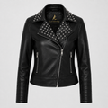 Laveroq Women’s Studded Black Leather Biker Jacket – Edgy Zip Front Style