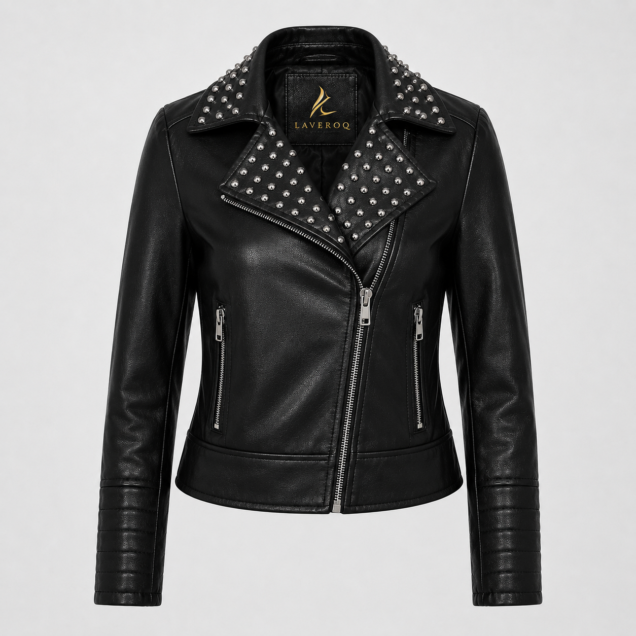 Laveroq Women’s Studded Black Leather Biker Jacket – Edgy Zip Front Style