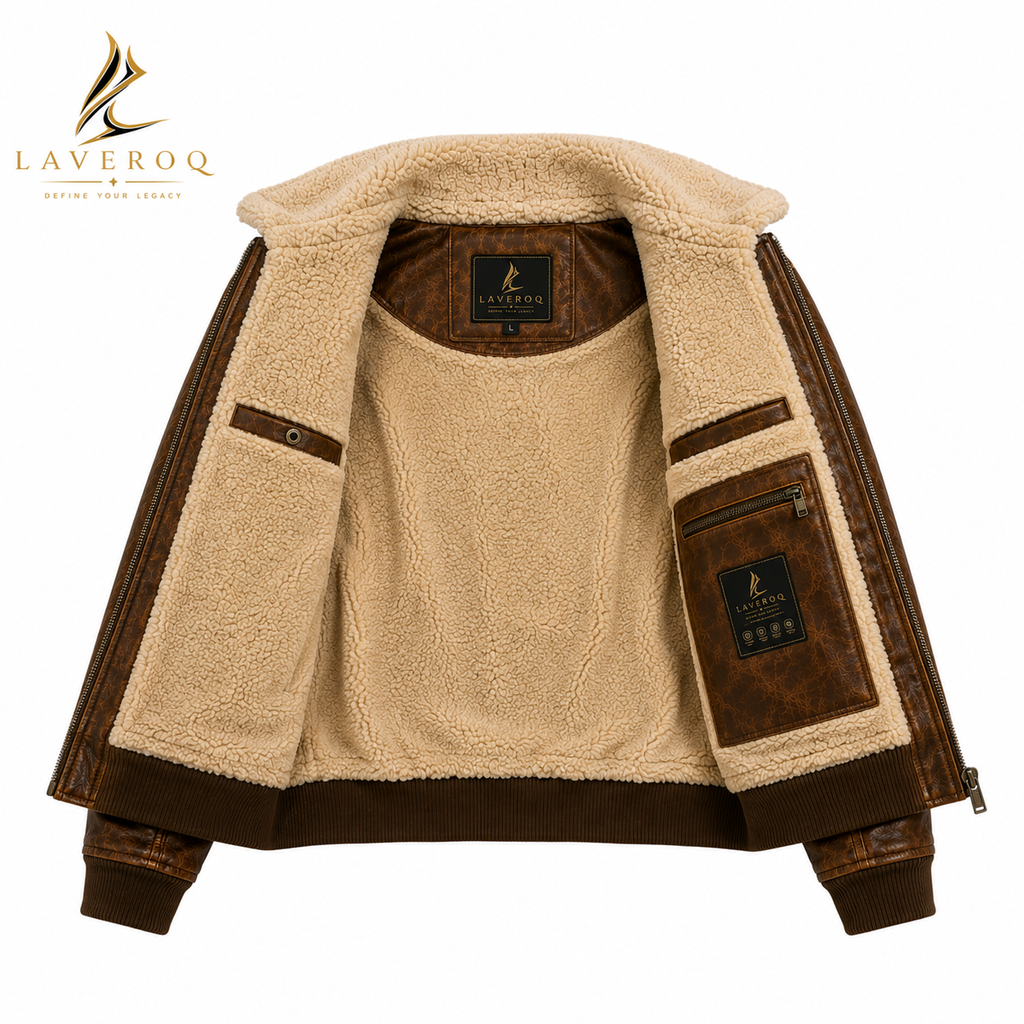 LAVEROQ Premium Brown Shearling Leather Aviator Jacket