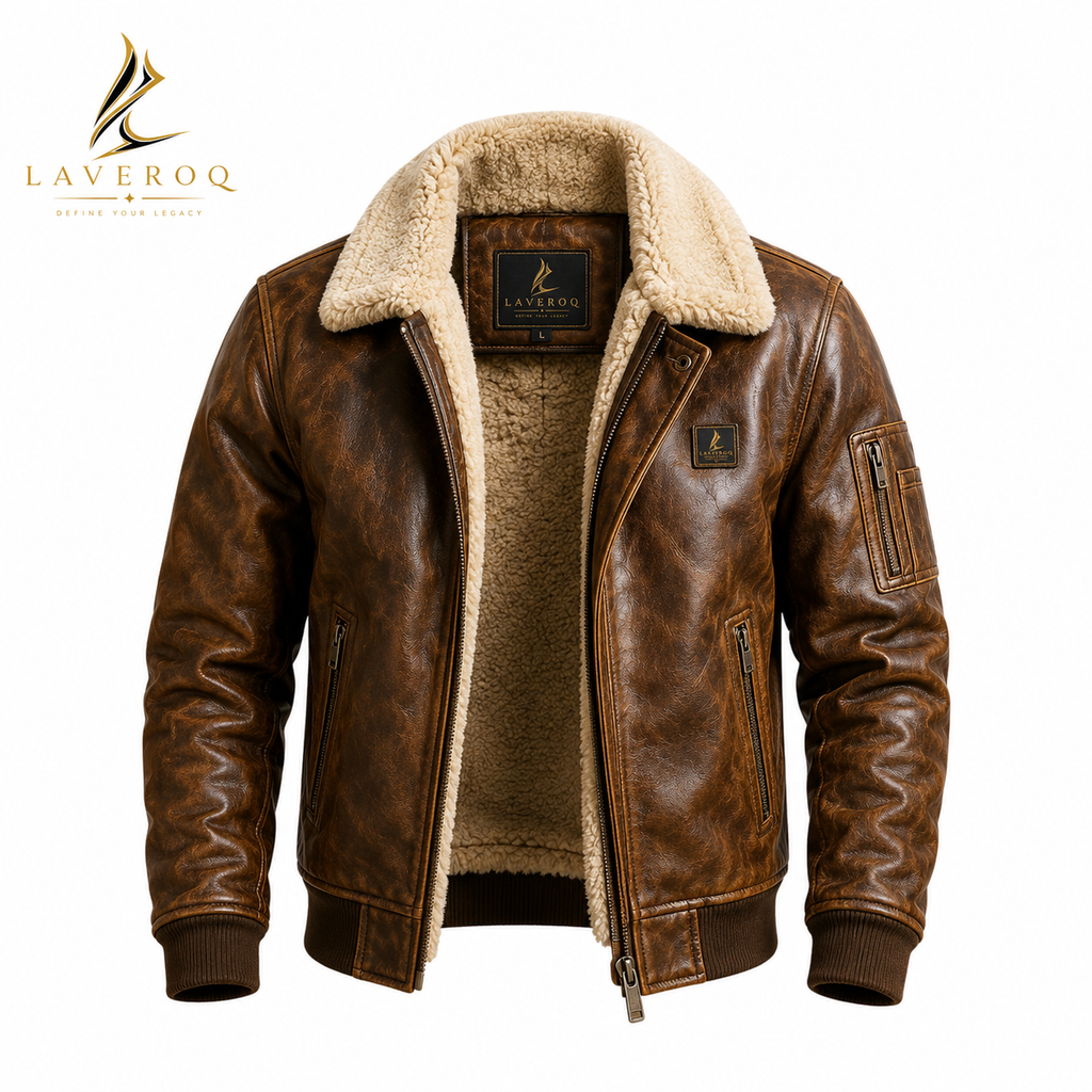 LAVEROQ Premium Brown Shearling Leather Aviator Jacket