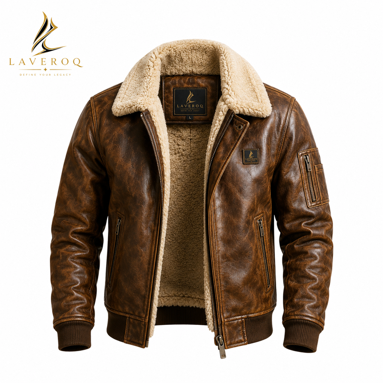 LAVEROQ Premium Brown Shearling Leather Aviator Jacket