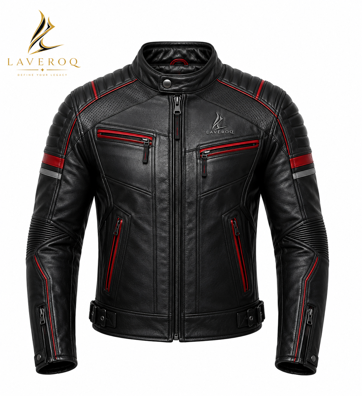 LAVEROQ Premium Black & Red Leather Motorcycle Jacket