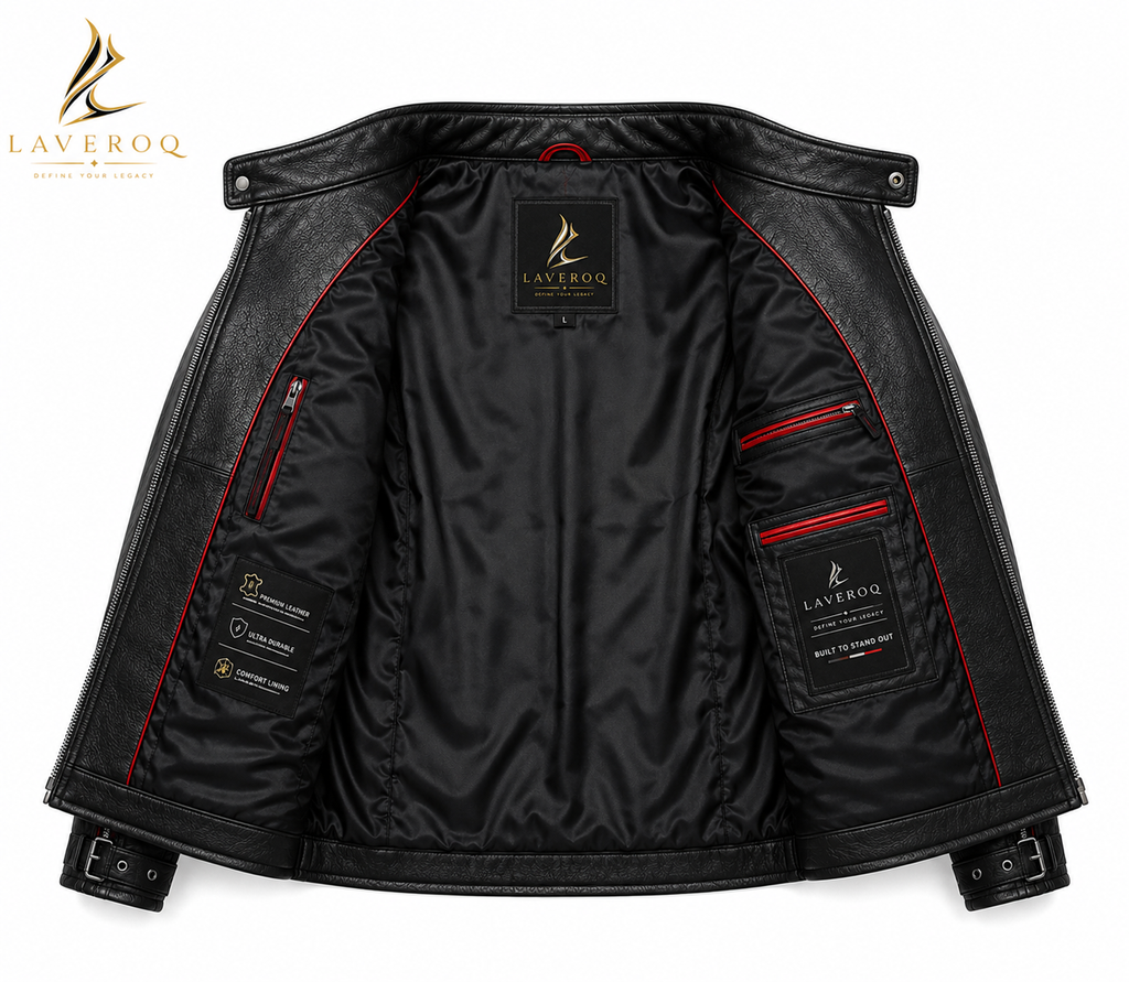 LAVEROQ Premium Black & Red Leather Motorcycle Jacket