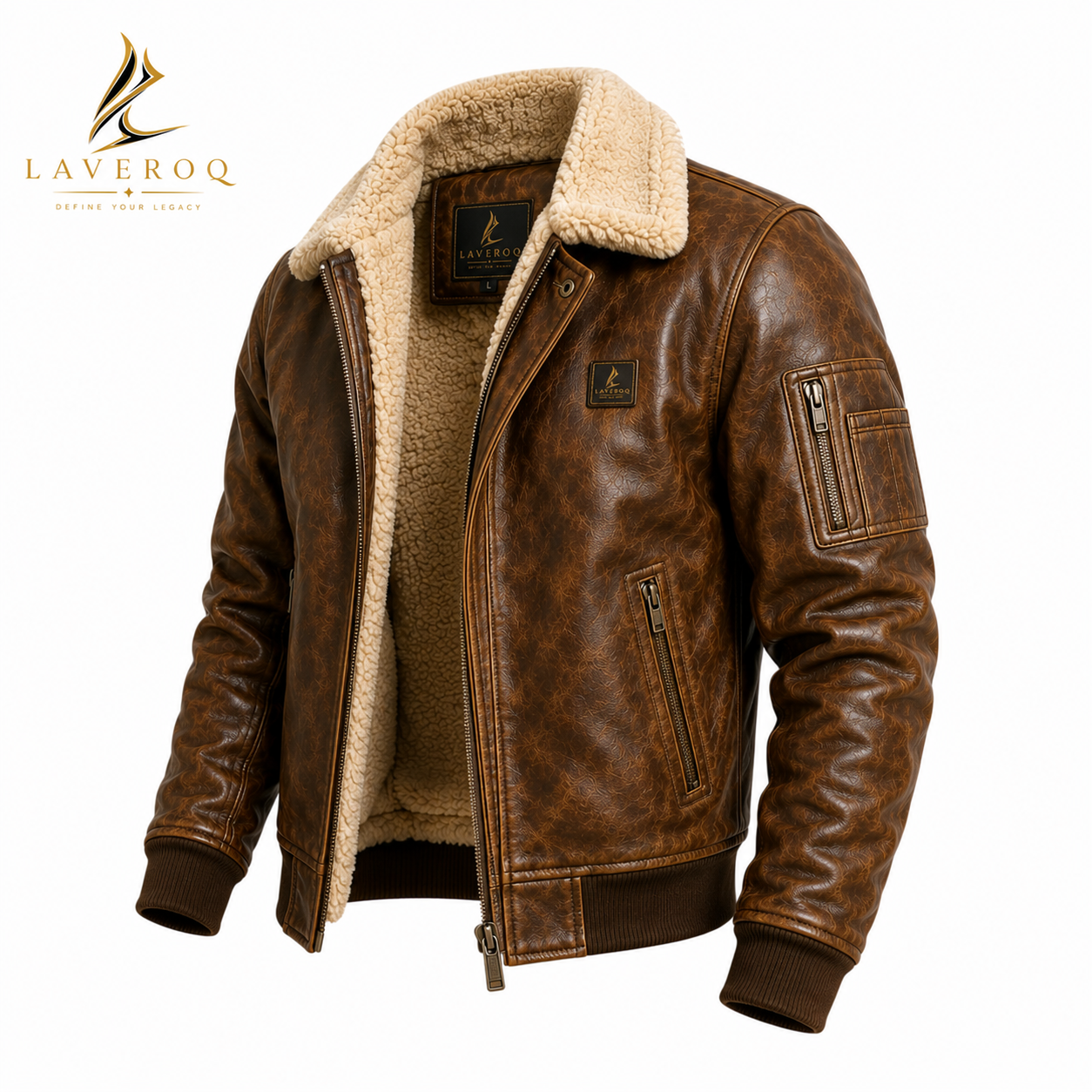 LAVEROQ Premium Brown Shearling Leather Aviator Jacket